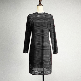 中长款 性感镂空保暖蕾丝直筒裙 黑色加绒连衣裙女2025弹力修身