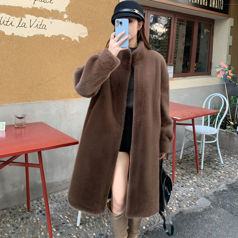 新款皮毛一体中长款貂皮大衣女冬2024水貂绒立领年轻皮草外套爆款