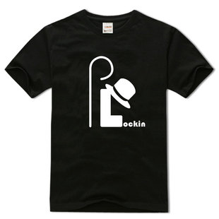街舞locking个性男t恤纯棉宽松圆领短袖男T恤嘻哈夏黑色舞蹈团服