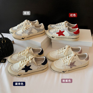 百搭休闲运动板鞋 韩版 圆头系带小白鞋 女2026春新款 星星拼色帆布鞋
