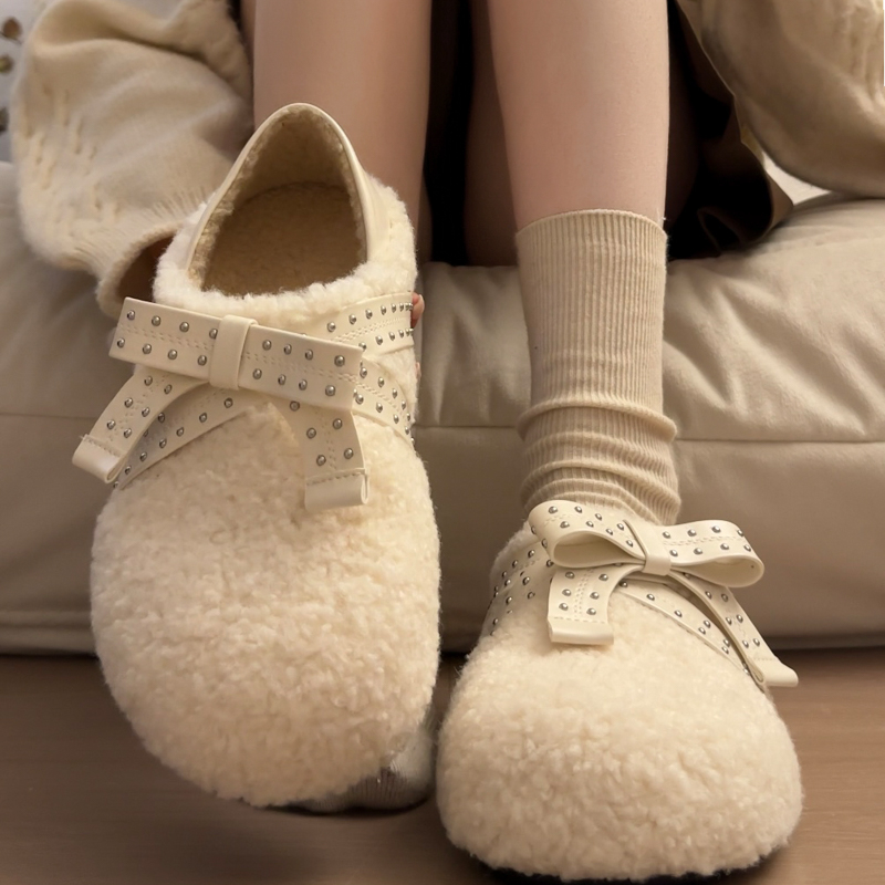 法式内增高加绒单鞋女2025新款冬季加绒两穿毛毛鞋懒人一脚蹬棉鞋