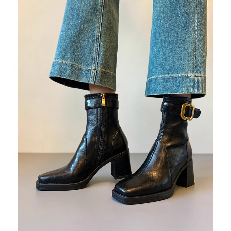 方头高跟短靴女2025冬季轻奢粗跟瘦瘦靴软面百搭显瘦靴子新款女靴