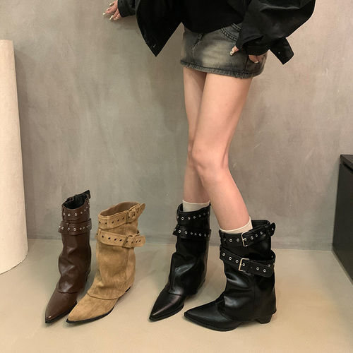 美式辣妹西部皮带扣女短靴
