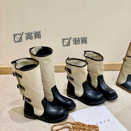 复古撞色皮带扣骑士堆堆靴女