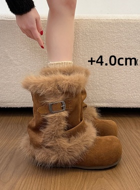 白色厚底内增高保暖雪地靴女靴2026新款可爱加绒加厚毛毛短筒棉鞋