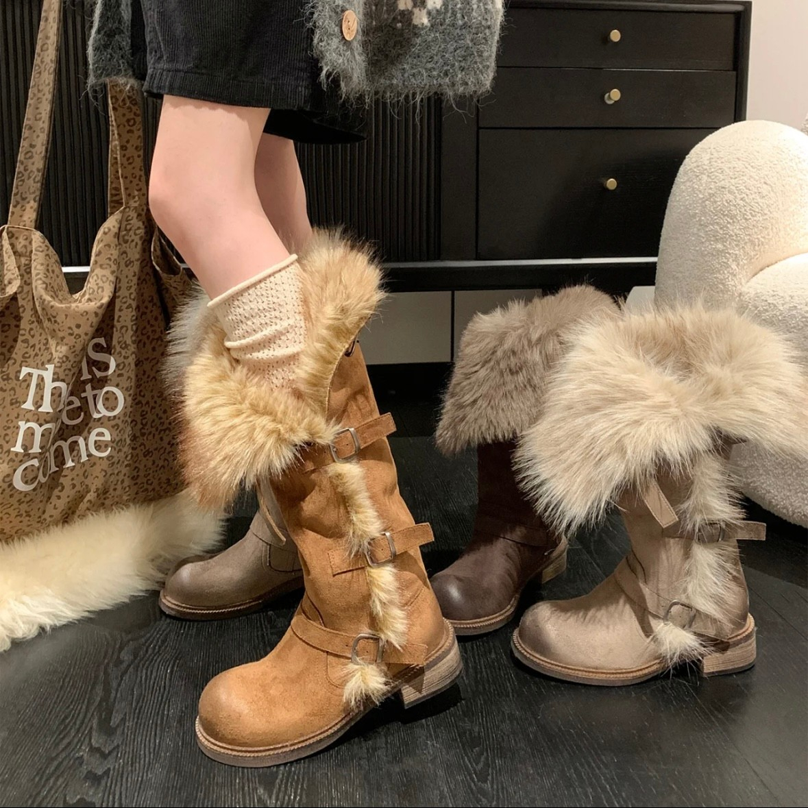 莫斯科俄式长筒时装靴女冬季2025新款时髦百搭两穿长靴加绒保暖靴