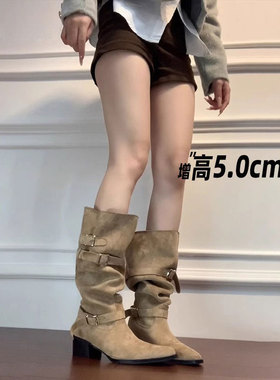 牛皮版~粗跟真皮复古长筒靴女皮带扣褶皱堆堆靴高筒西部牛仔靴子