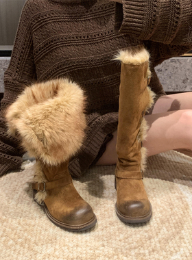 俄式穿搭厚绒长筒靴雪地靴女款加绒保暖冬季2025新款毛毛棉鞋女靴
