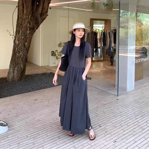 圆领短袖拼接口袋抽绳连衣裙