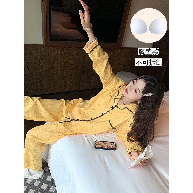秋季女士条纹波点睡衣女带胸垫长睡衣/家居服套装