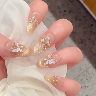 烫金蝴蝶穿戴甲纯手工穿戴美甲轻奢爆闪蝴蝶香槟色猫眼高级感显白