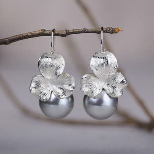 个性 S925银大花朵镶嵌母贝珍珠耳坠时尚 夸张耳环耳扣气质优雅耳饰