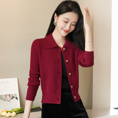 Короткий трикотажный демисезонный кардиган, модный лонгслив, куртка, в корейском стиле, воротник поло, увеличенная толщина, городской стиль