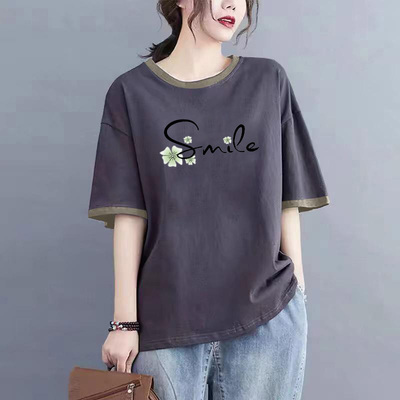 纯棉短袖女夏拼接撞色小众上衣