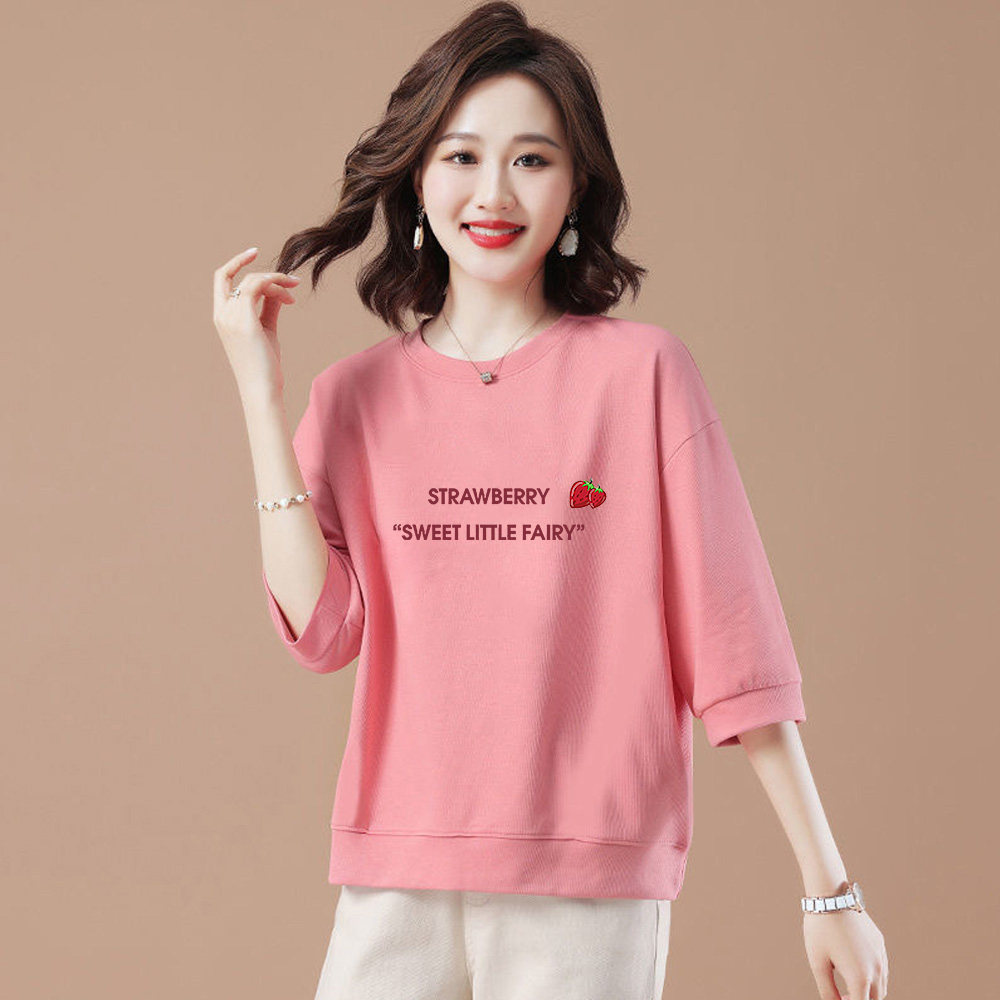 早春秋纯棉七分袖圆领休闲风新款宽松百搭印花套头上衣T恤女纯棉