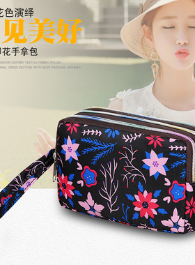 零钱包手机包袋女长款帆布手拿包简约三层拉链手包女士小包大容量