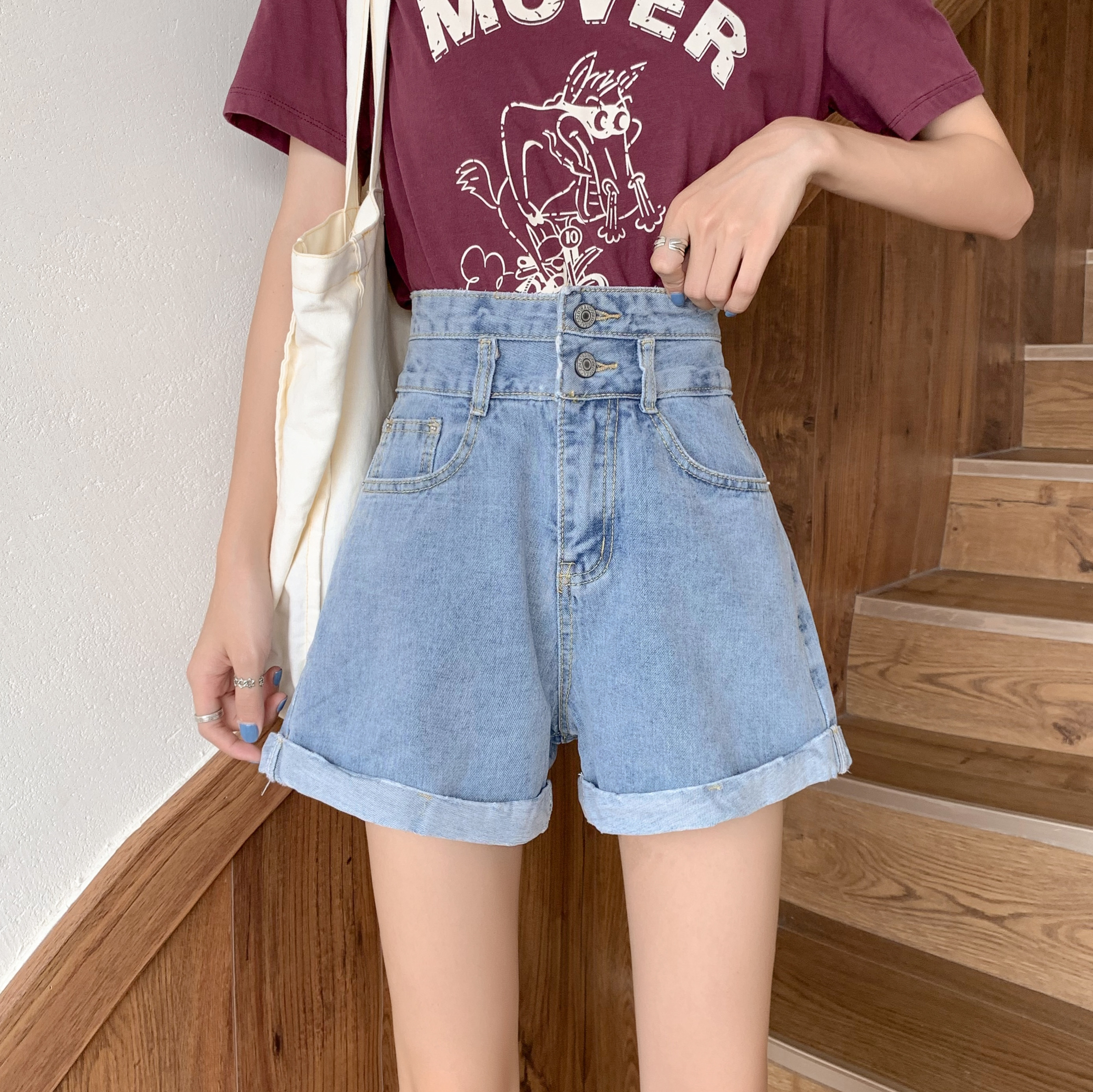 Real photo of 2021 summer new high waist loose flanging wide leg pants