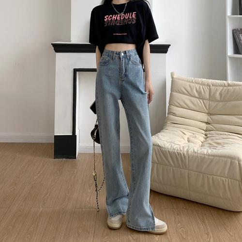 Actual shot of 2024 Xia Xin high waist ripped pants ins trendy slit straight wide leg floor mopping jeans for women