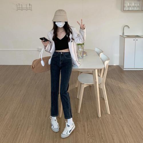 2021 autumn new high waist slim versatile split elastic jeans women's straight pants