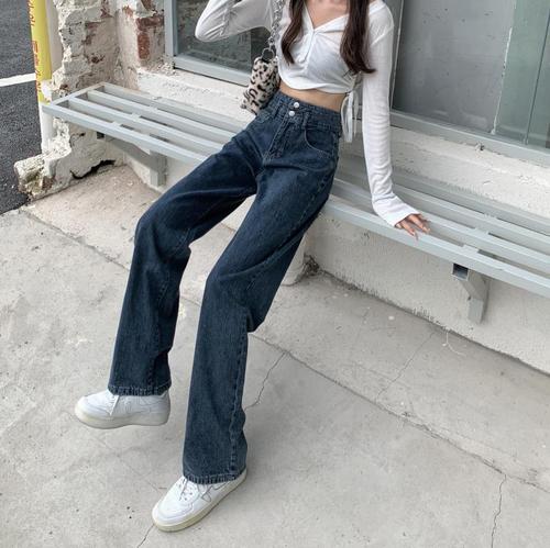 Real shooting of new autumn 2021 high waist straight jeans women's loose wide leg pants