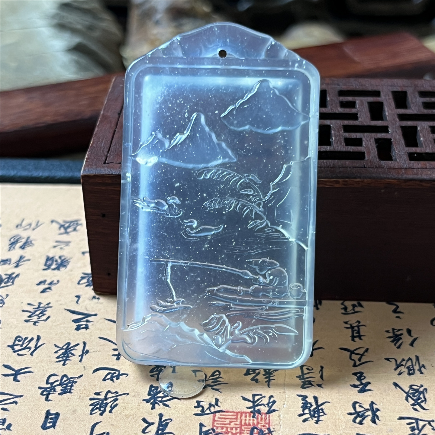 岫玉独钓寒江雪吊坠保真雪花棉