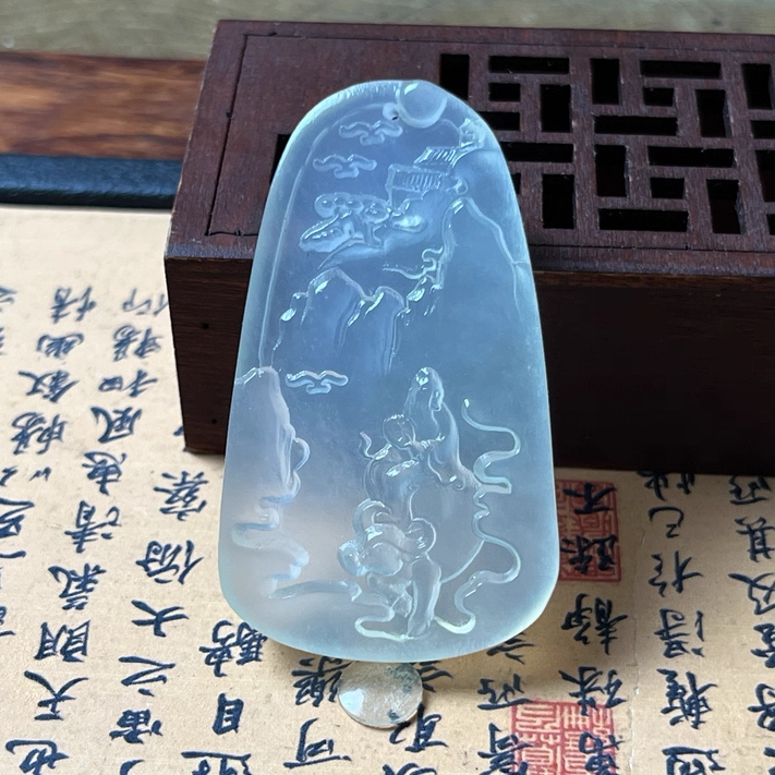 天然岫玉老子出关图吊坠保真精雕玉石挂件古风人物男女款礼物玉坠