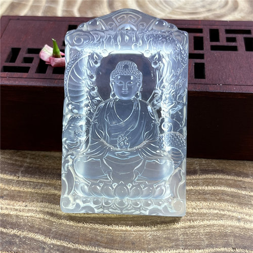 天然岫玉冰种阿弥佛吊坠保真