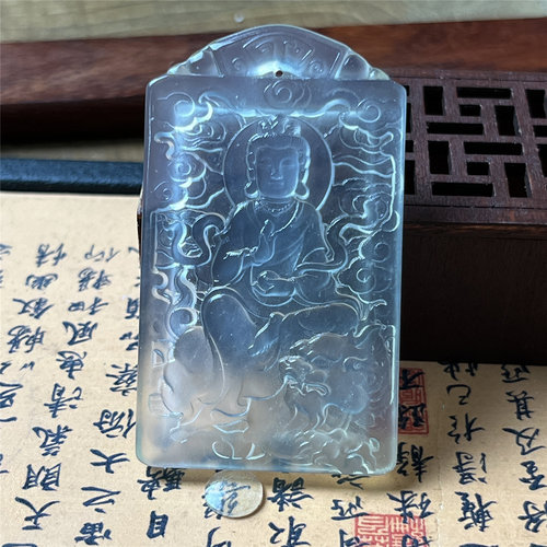 天然岫玉文殊菩萨吊坠保真精雕