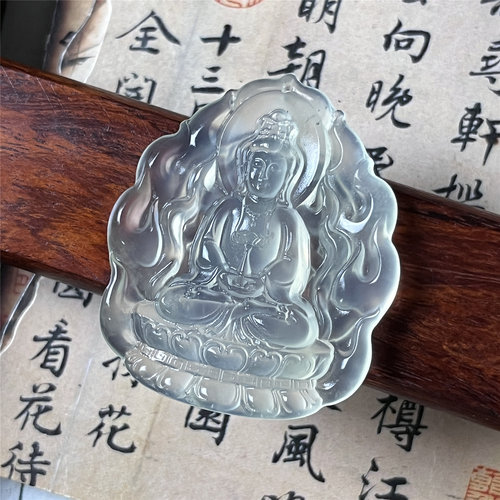 天然岫玉火苗观音吊坠保真双面