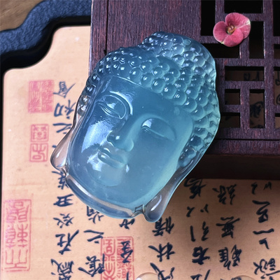 天然岫玉蓝冰天青冻佛头吊坠保真