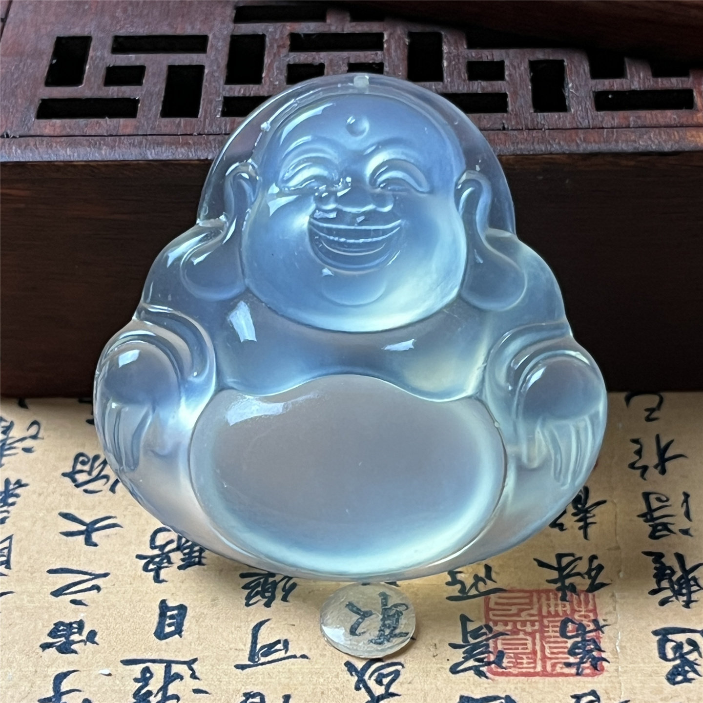 岫玉冰种佛公吊坠保真通透高冰