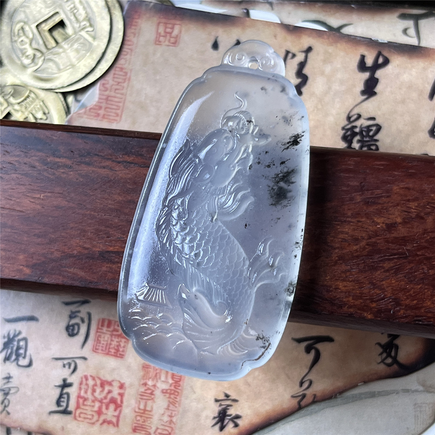 水墨岫玉鱼跃龙门吊坠双面精雕鱼跃龙门天然保真时来运转仿古玉坠