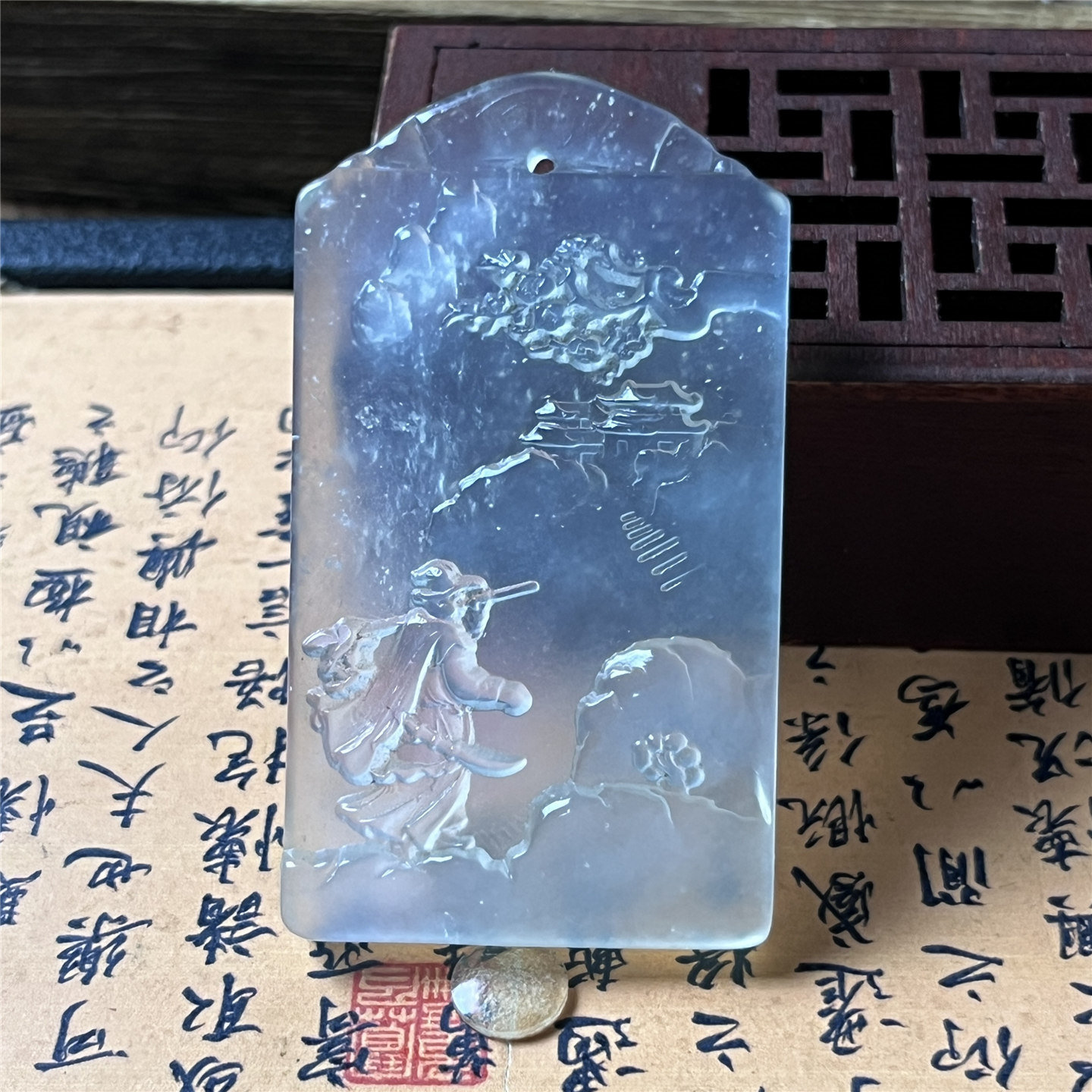 岫玉豹子头林冲吊坠风雪山神庙冰种雪花棉玉石挂件仿古人物高通透
