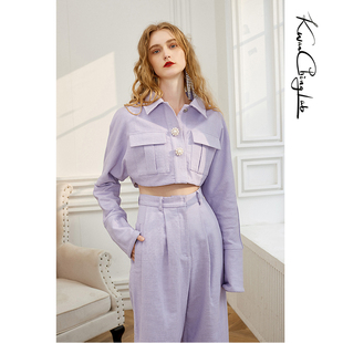 马卡龙紫色棉麻短款 KWANCHINGLAB设计师品牌SING女团蒋申同款 外套