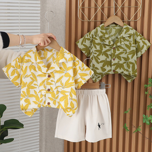 男童沙滩衬衫短袖套装2026新款儿童休闲韩版翻领夏装两件套宝宝酷