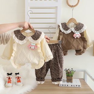 女童春装新款宝宝毛衣套装婴儿童装洋气韩版马甲休闲碎花三件套潮