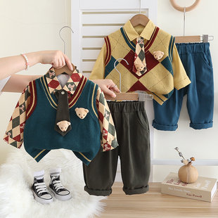休闲小童套装 婴儿秋季 子三件套男童韩版 裤 宝宝潮 毛衣马甲领带衬衫