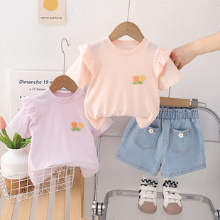 套装 牛仔裤 2025新款 儿童洋气薄款 两件套 女童夏季 宝宝时髦韩版 短袖
