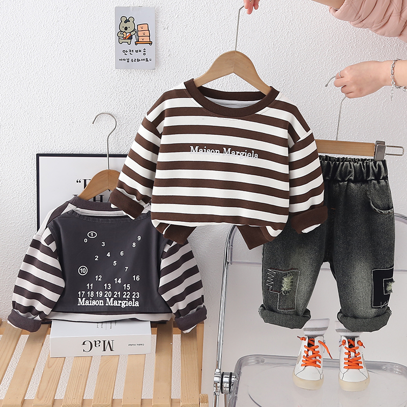 男童春装洋气条纹长袖两件套装潮