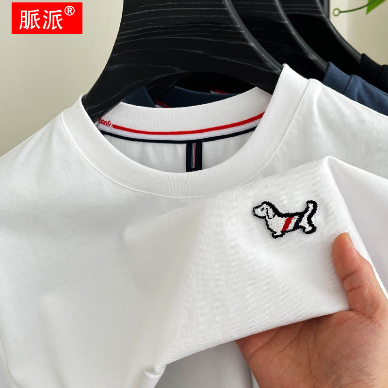 下摆开叉~100%纯棉短袖T恤男士夏季高端圆领刺绣全棉套头半袖上衣