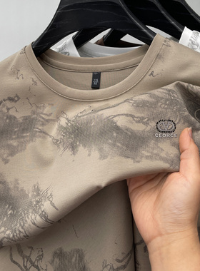 桑蚕丝短袖t恤男士圆领印花半袖上衣潮流休闲夏季新款宽松体恤衫