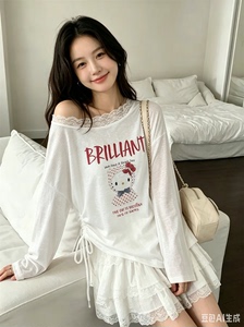 猫宽松T恤长袖女夏季慵懒蕾丝斜肩薄款防晒罩衫上衣