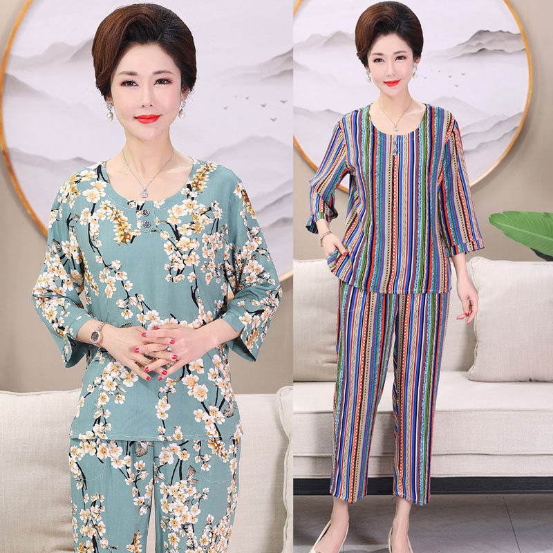 夏季妈妈绵绸睡衣女中老年中长袖九分裤两件套纯棉绸家居服套装