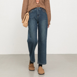 小个子九分直筒休闲裤 韩版 新款 女2025冬季 复合绒加厚牛仔阔腿裤