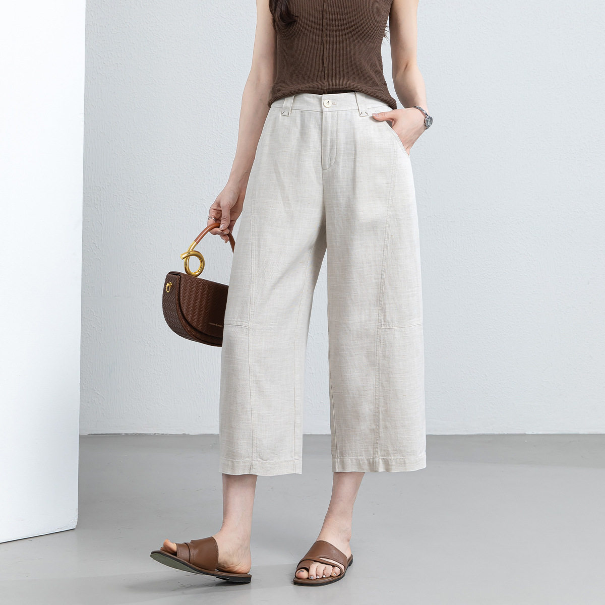 忆霏小个子显瘦九分裤女202夏季6新款百搭阔腿弯刀裤高腰休闲裤子