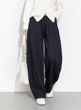 高腰抽绳复合休闲长裤女2026冬季新款宽松加绒加厚百搭时尚弯刀裤