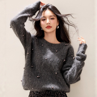 手缝珍珠圆领毛衣 女小个子2025冬新款 气质法式 灰色马海毛针织衫