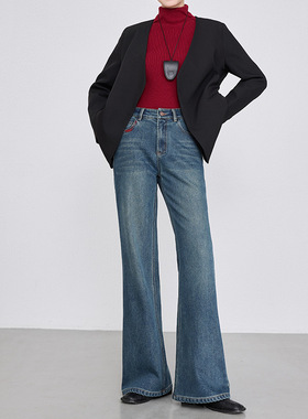 刺绣牛仔植绒微喇裤女裤2026冬季新款高腰加绒加厚喇叭休闲长裤