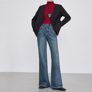 高腰加绒加厚喇叭休闲长裤 刺绣牛仔植绒微喇裤 新款 2025冬季 女裤