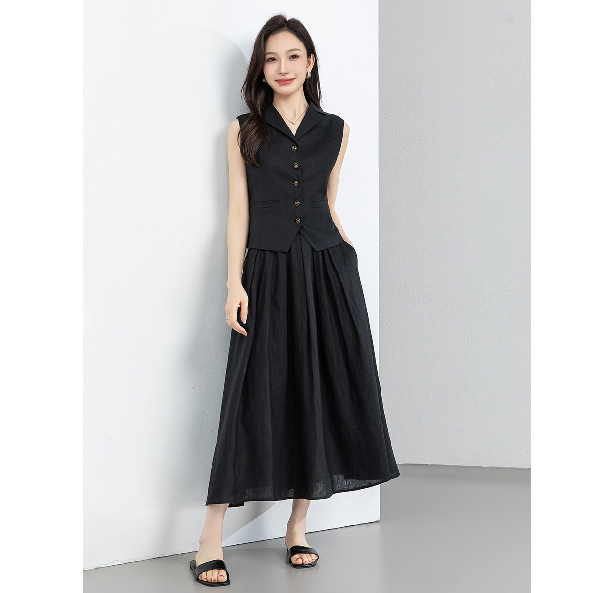 忆霏高级感亚麻套装女夏季休闲黑色马甲半身裙无袖老钱风穿搭显瘦